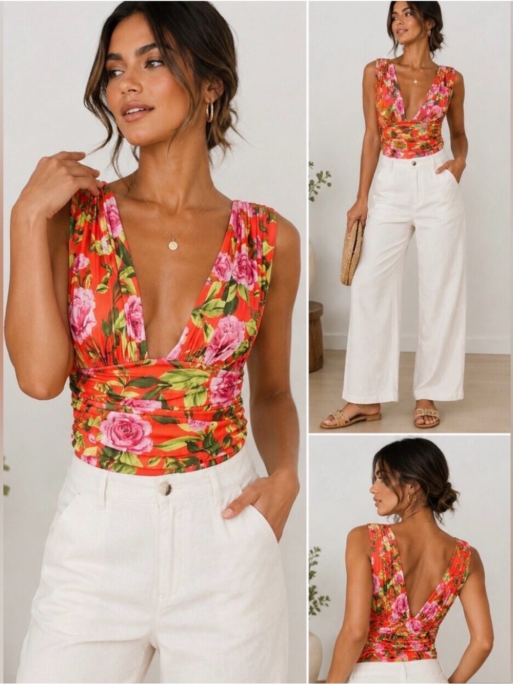 Zara Floral Deep V Ruched  Bodysuit